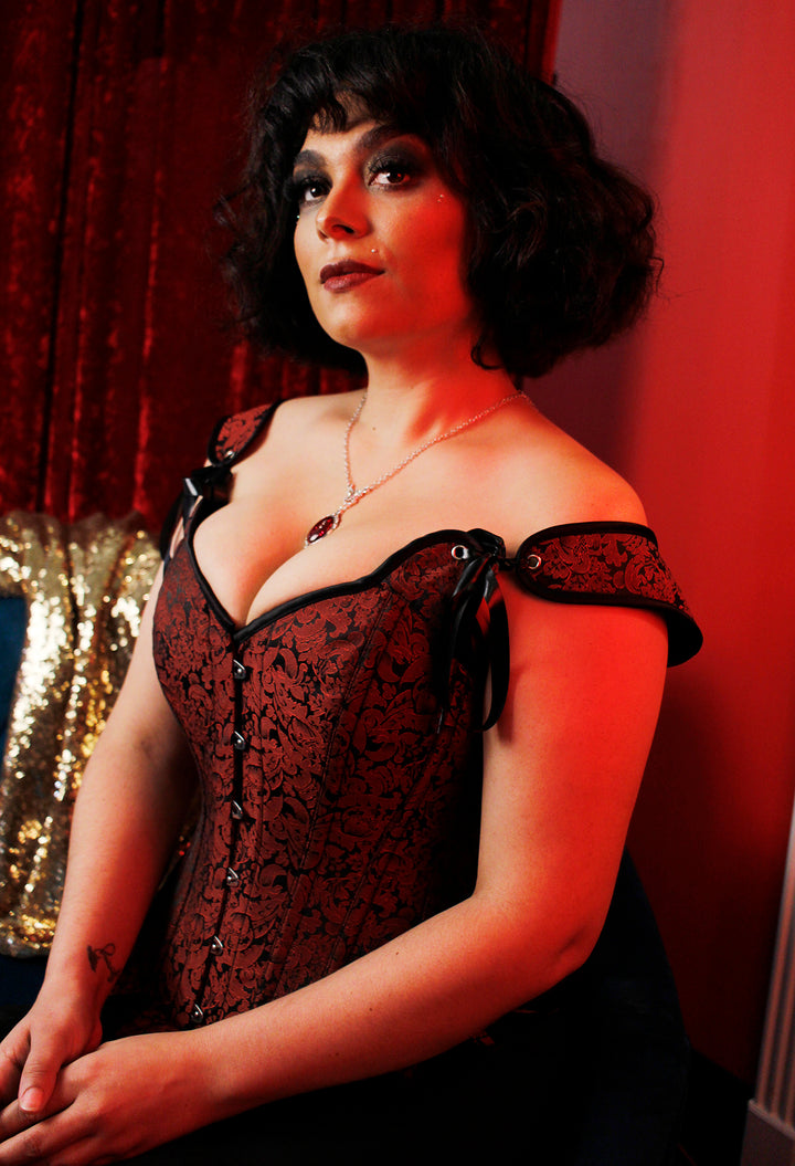 Rose in Maiden Overbust corset in maroon swirl brocade