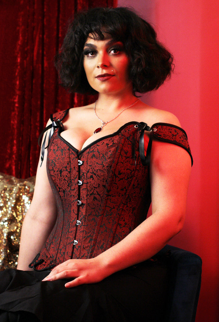 Rose in Maiden Overbust corset in maroon swirl brocade