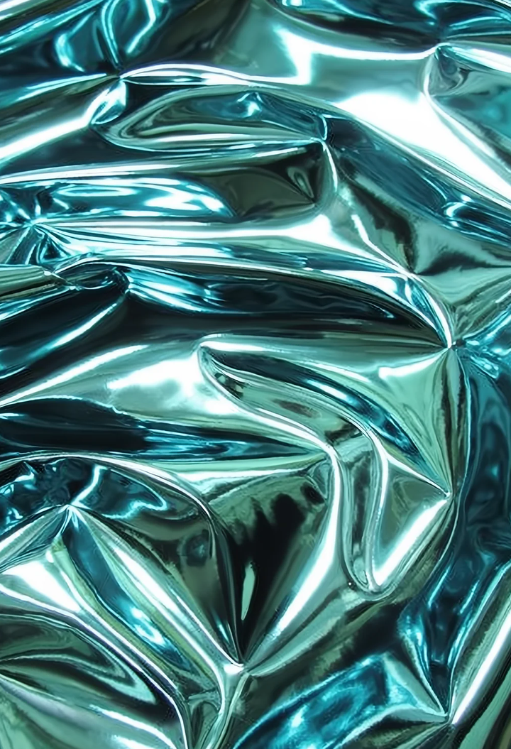 Shiny metallic teal fabric with a crinkled, reflective texture filling the frame.