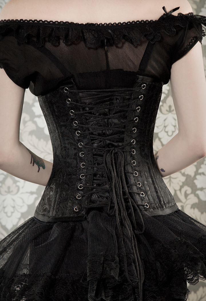 Victorian Riding Corset in black swirl brocade